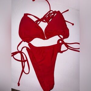 Women’s NWOT Red String Bikini Set with Ruched Brazilian Bottoms size Medium